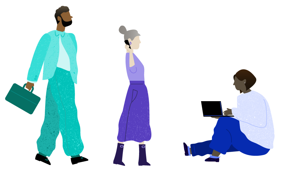 Illustration of man with suitcase, woman walking and talking on her cellphone, and a second woman sitting and working on her laptop.