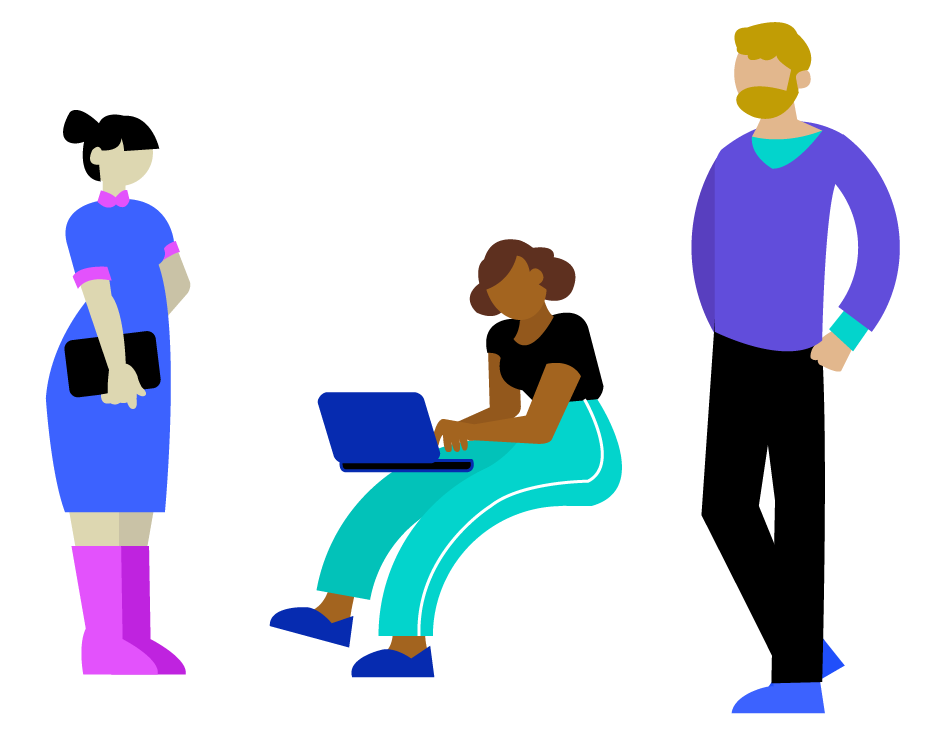 Illustration of a woman holding papers beside a woman sitting and working on her laptop, with a man standing to the right.