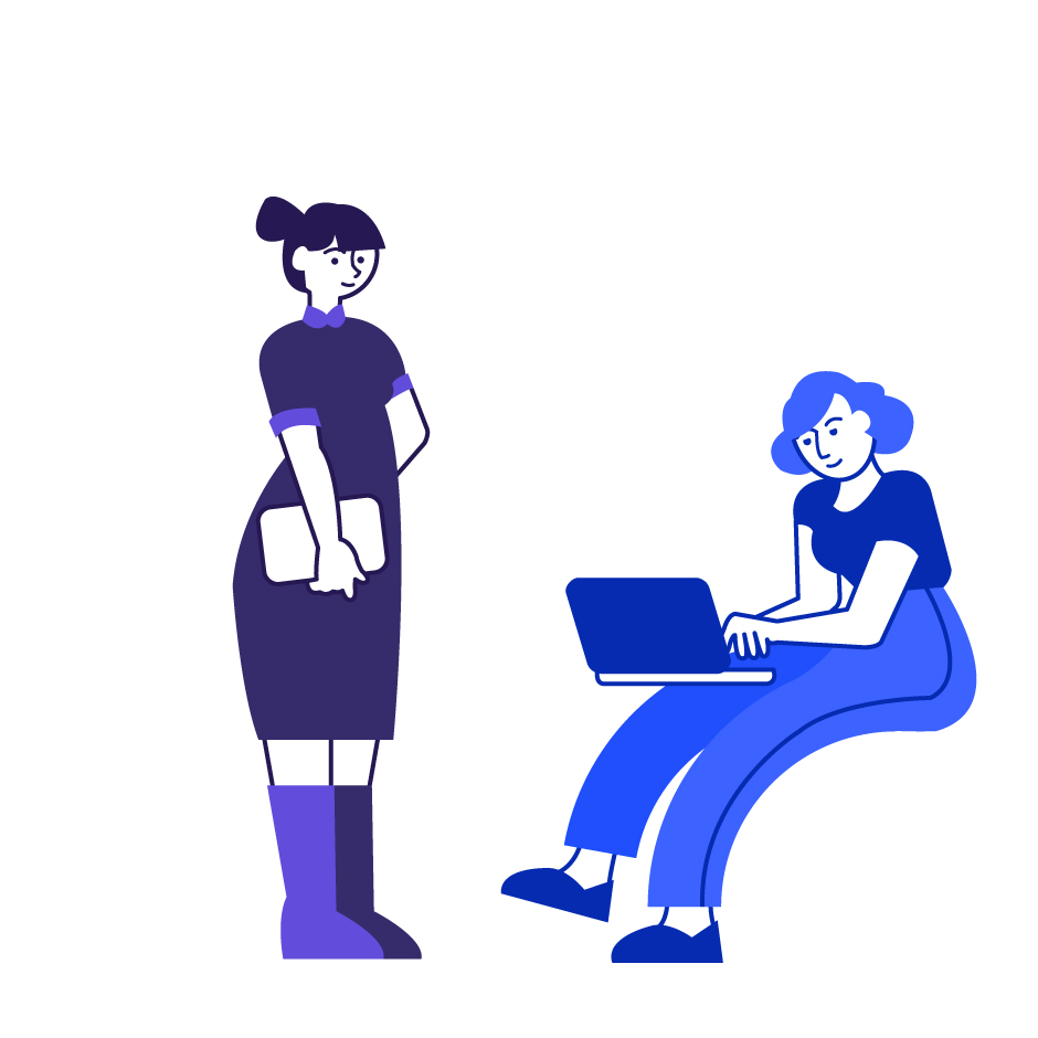 Illustration of a woman holding papers beside a woman sitting and working on her laptop.