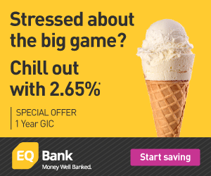 Animated EQ Bank paid social, an ice cream scoop being eaten - Stressed out about the big game? Chill out with 2.65% 1 year GIC.